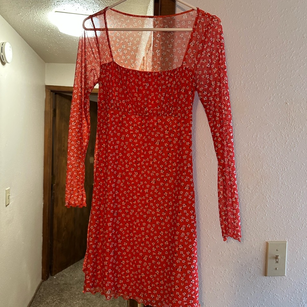 Orange Floral Sheer Long Sleeve Dress